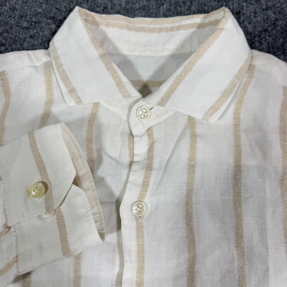 Tasso Elba Shirt Striped Coastal Men M White Beige Linen Blend EUC